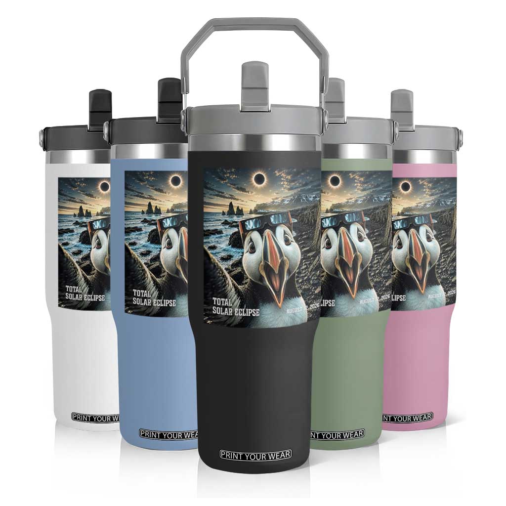 Puffin Selfie August 12 2026 Total Solar Eclipse Flip Straw Tumbler Funny Totality Photographic Astronomy Souvenir TS02 Print Your Wear