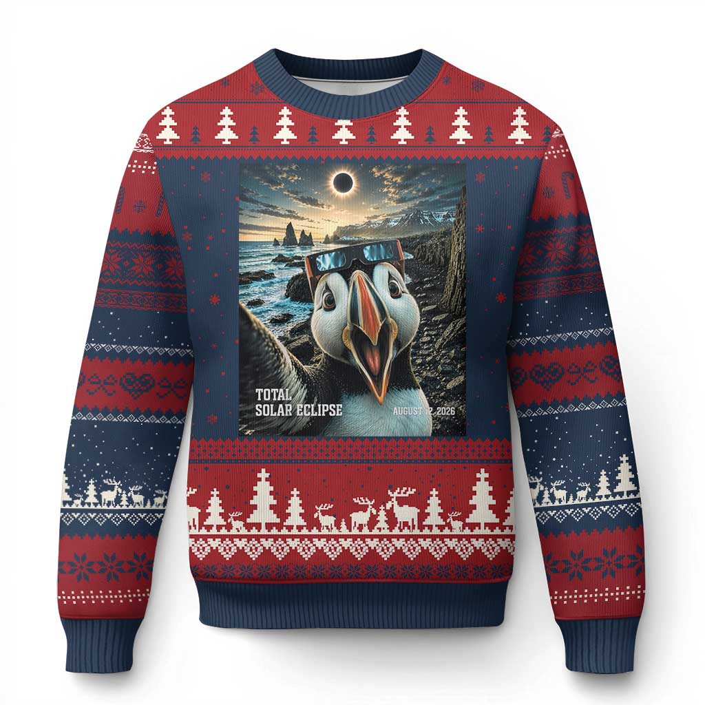 Puffin Selfie August 12 2026 Total Solar Eclipse Ugly Christmas Sweater Funny Totality Photographic Astronomy Souvenir TS02 Navy Red Print Your Wear