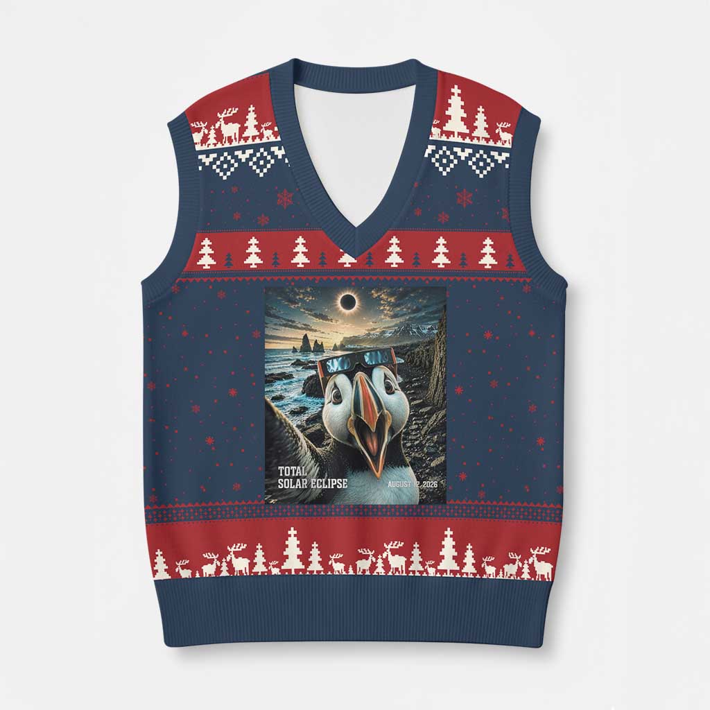 Puffin Selfie August 12 2026 Total Solar Eclipse V-Neck Knit Sweater Vest Funny Totality Photographic Astronomy Souvenir TS02 Navy Red Print Your Wear