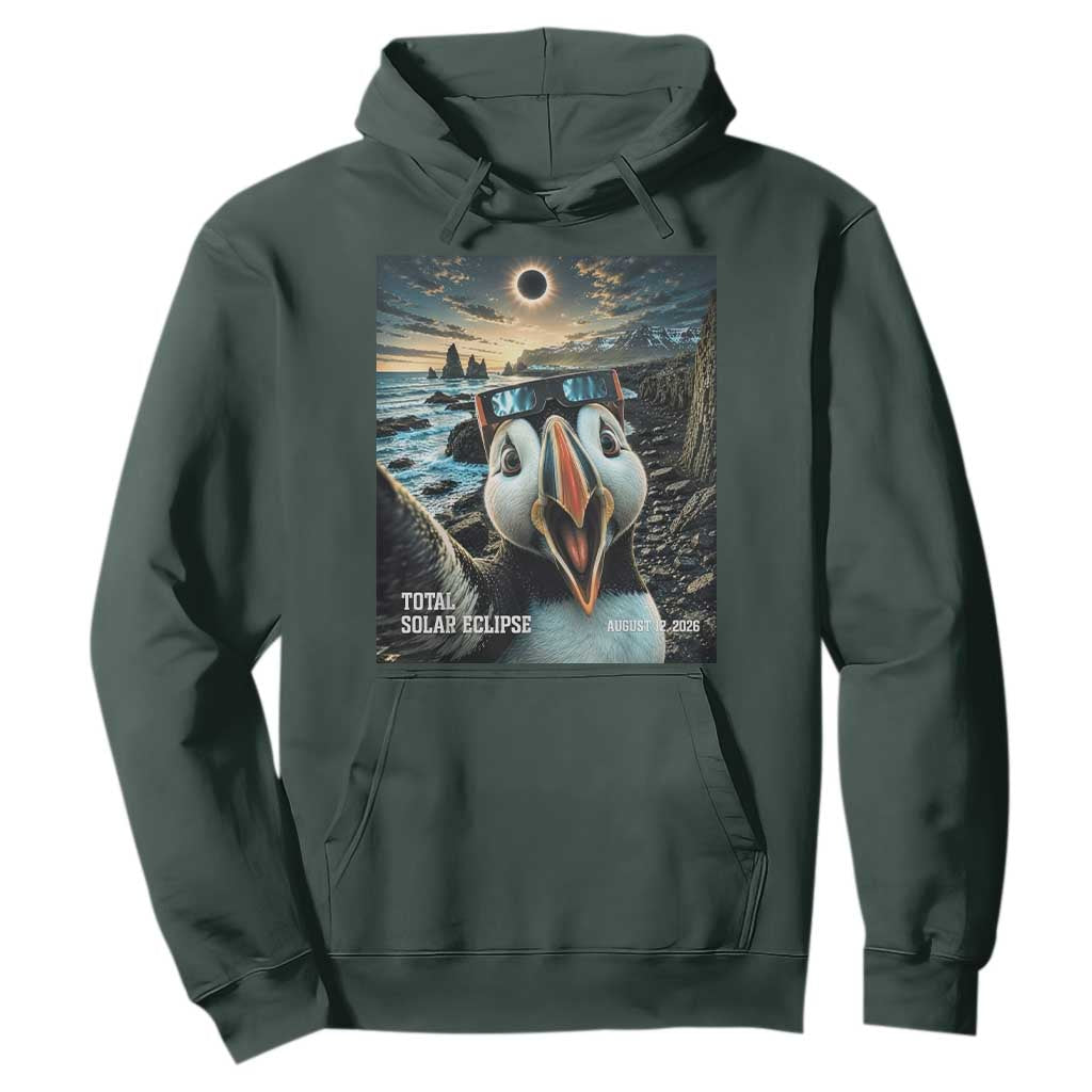 Puffin Selfie August 12 2026 Total Solar Eclipse Hoodie Funny Totality Photographic Astronomy Souvenir TS02 Dark Forest Green Print Your Wear