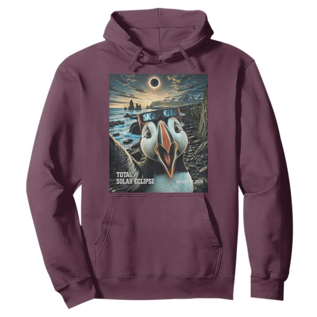 Puffin Selfie August 12 2026 Total Solar Eclipse Hoodie Funny Totality Photographic Astronomy Souvenir TS02 Maroon Print Your Wear