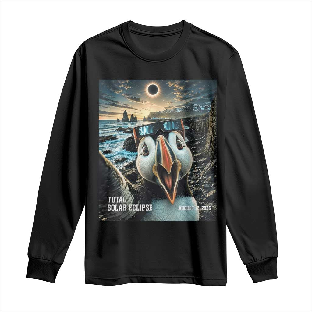 Puffin Selfie August 12 2026 Total Solar Eclipse Long Sleeve Shirt Funny Totality Photographic Astronomy Souvenir TS02 Black Print Your Wear