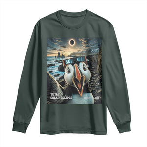 Puffin Selfie August 12 2026 Total Solar Eclipse Long Sleeve Shirt Funny Totality Photographic Astronomy Souvenir TS02 Dark Forest Green Print Your Wear