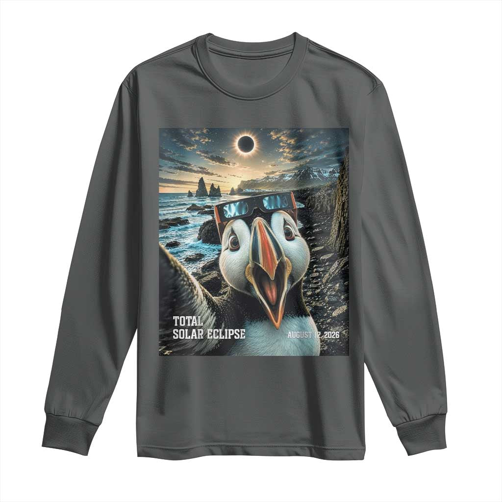 Puffin Selfie August 12 2026 Total Solar Eclipse Long Sleeve Shirt Funny Totality Photographic Astronomy Souvenir TS02 Dark Heather Print Your Wear