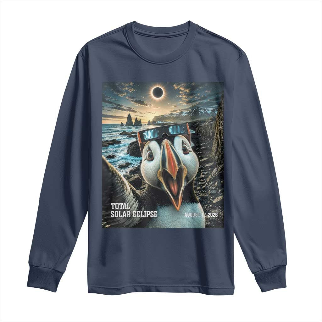 Puffin Selfie August 12 2026 Total Solar Eclipse Long Sleeve Shirt Funny Totality Photographic Astronomy Souvenir TS02 Navy Print Your Wear