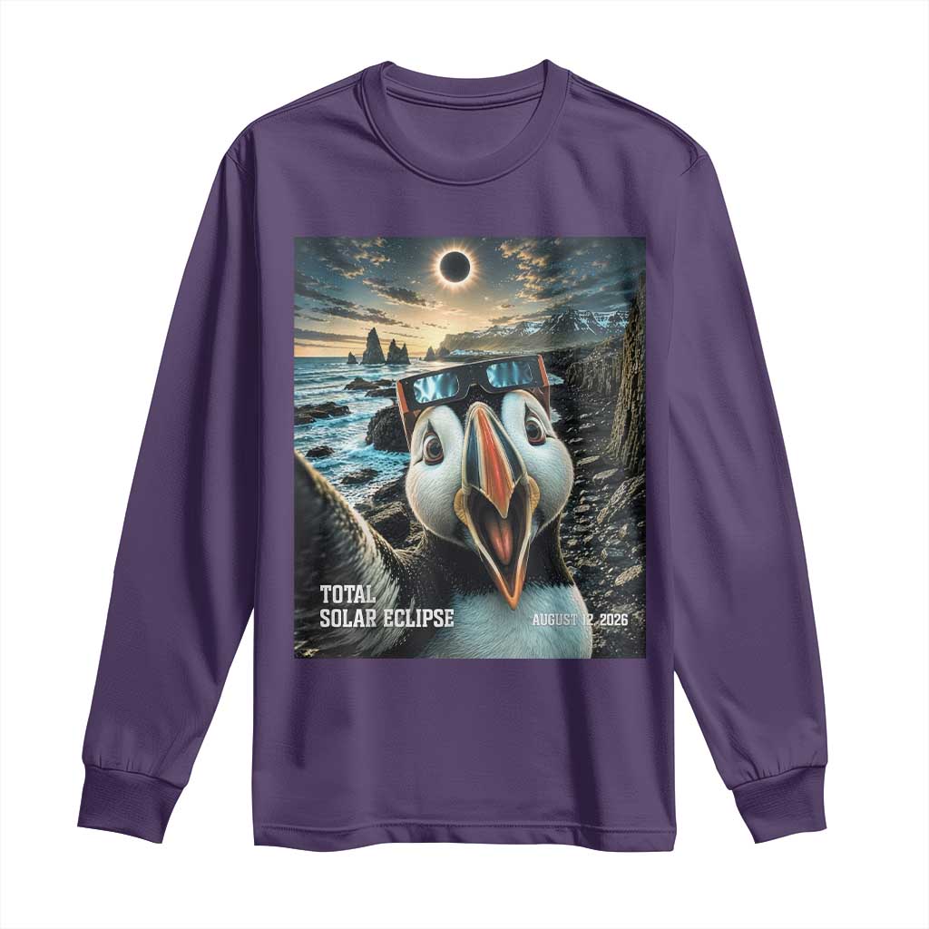 Puffin Selfie August 12 2026 Total Solar Eclipse Long Sleeve Shirt Funny Totality Photographic Astronomy Souvenir TS02 Purple Print Your Wear