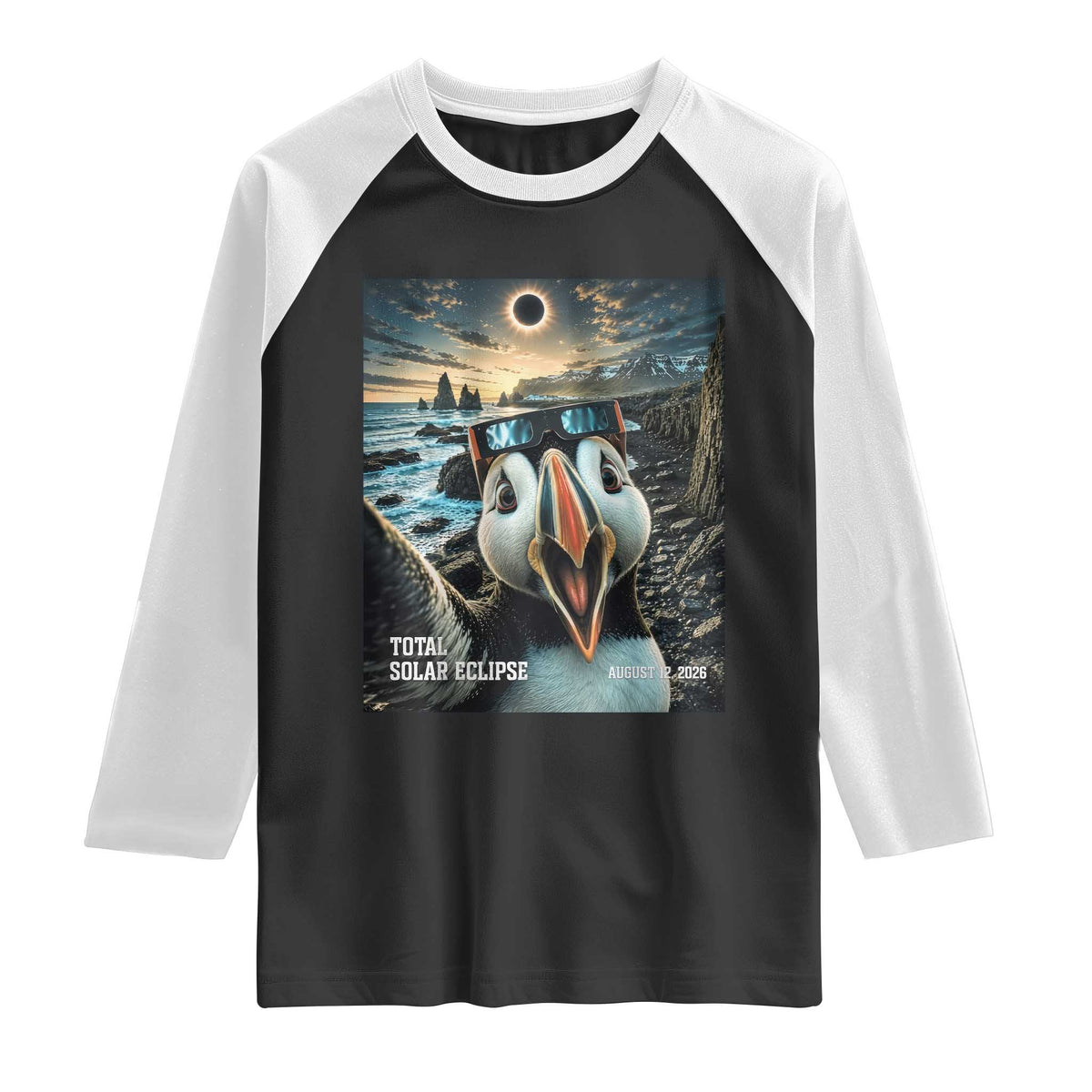 Puffin Selfie August 12 2026 Total Solar Eclipse Raglan Shirt Funny Totality Photographic Astronomy Souvenir TS02 Black White Print Your Wear