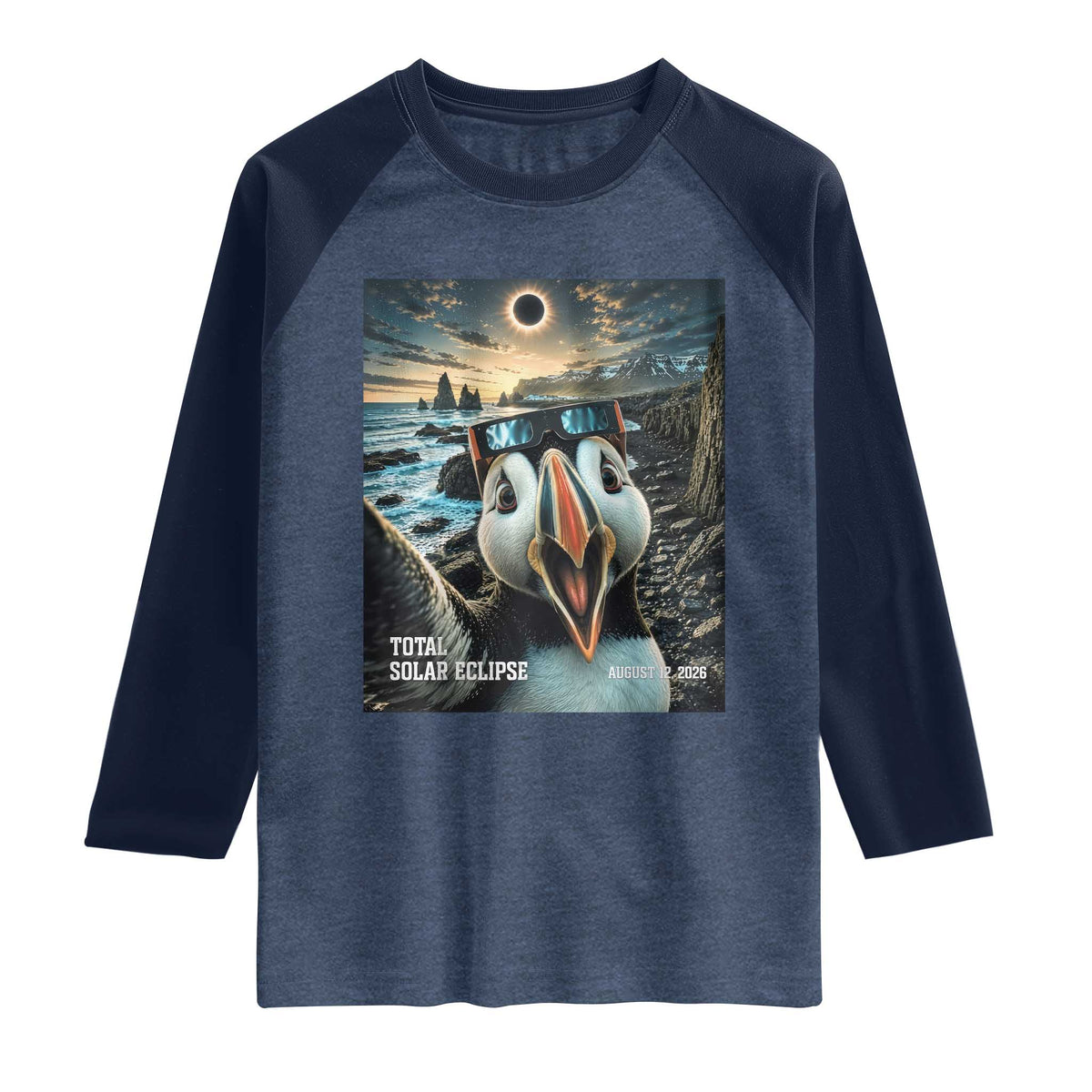 Puffin Selfie August 12 2026 Total Solar Eclipse Raglan Shirt Funny Totality Photographic Astronomy Souvenir TS02 Heather Denim Navy Print Your Wear