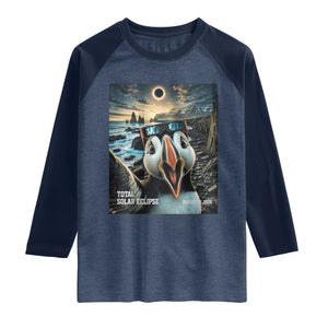 Puffin Selfie August 12 2026 Total Solar Eclipse Raglan Shirt Funny Totality Photographic Astronomy Souvenir TS02 Heather Denim Navy Print Your Wear