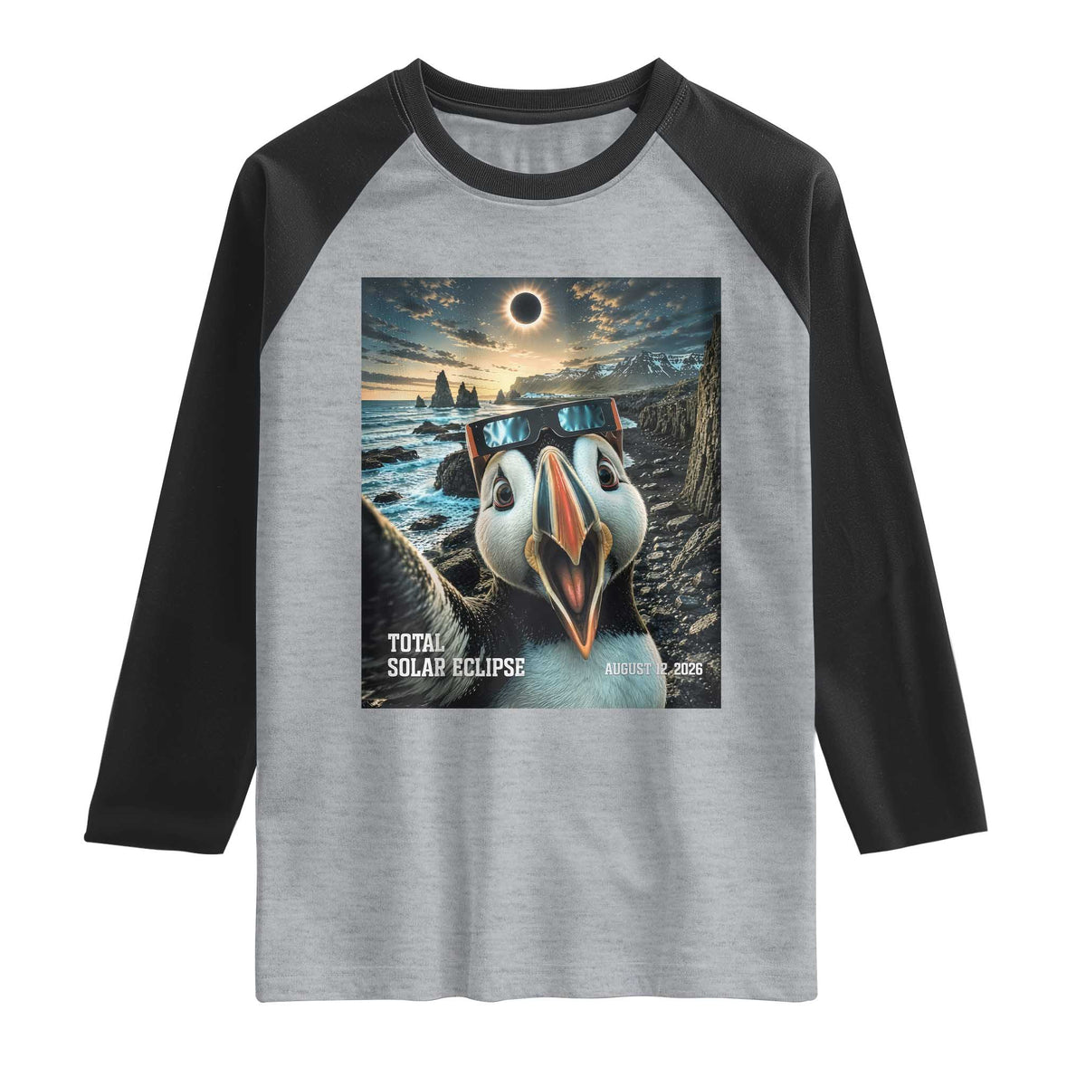 Puffin Selfie August 12 2026 Total Solar Eclipse Raglan Shirt Funny Totality Photographic Astronomy Souvenir TS02 Heather Gray Black Print Your Wear