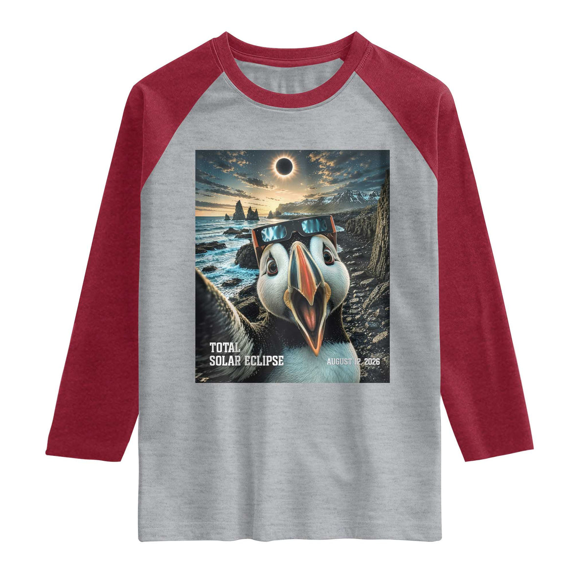 Puffin Selfie August 12 2026 Total Solar Eclipse Raglan Shirt Funny Totality Photographic Astronomy Souvenir TS02 Heather Gray Heather Red Print Your Wear