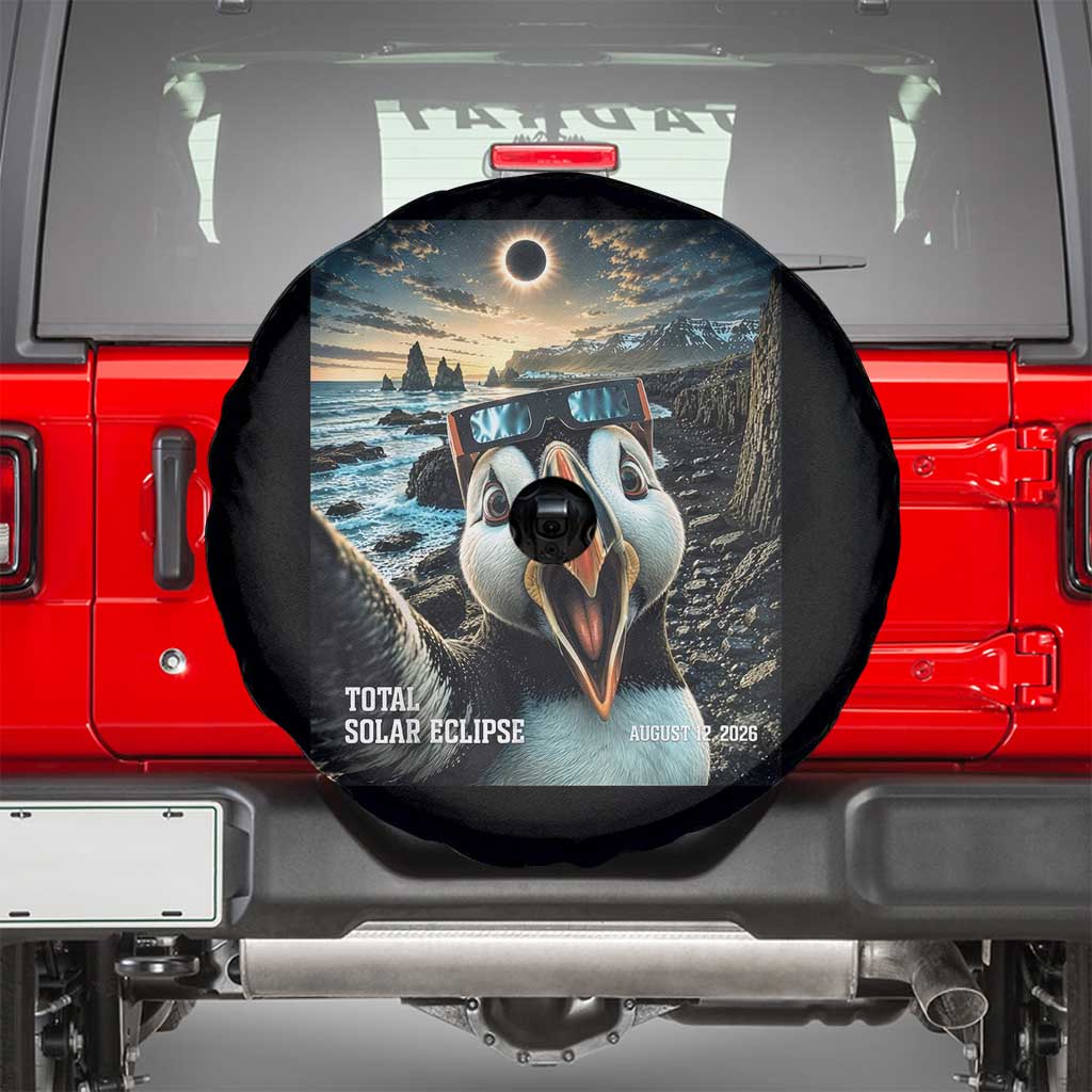 Puffin Selfie August 12 2026 Total Solar Eclipse Spare Tire Cover Funny Totality Photographic Astronomy Souvenir TS02 Black Print Your Wear