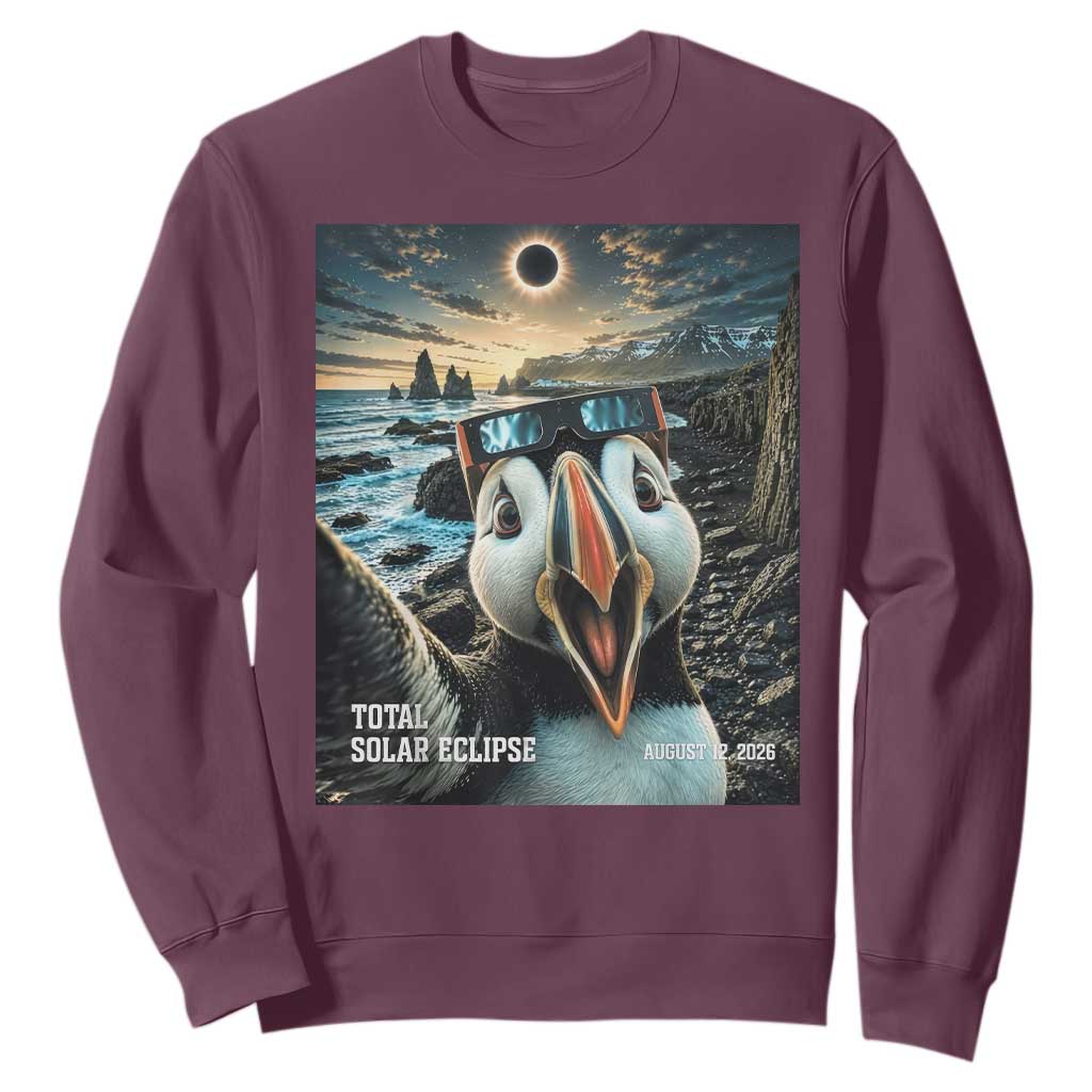 Puffin Selfie August 12 2026 Total Solar Eclipse Sweatshirt Funny Totality Photographic Astronomy Souvenir TS02 Maroon Print Your Wear