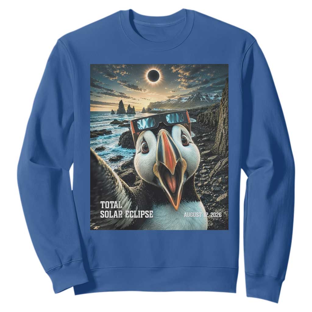 Puffin Selfie August 12 2026 Total Solar Eclipse Sweatshirt Funny Totality Photographic Astronomy Souvenir TS02 Royal Blue Print Your Wear