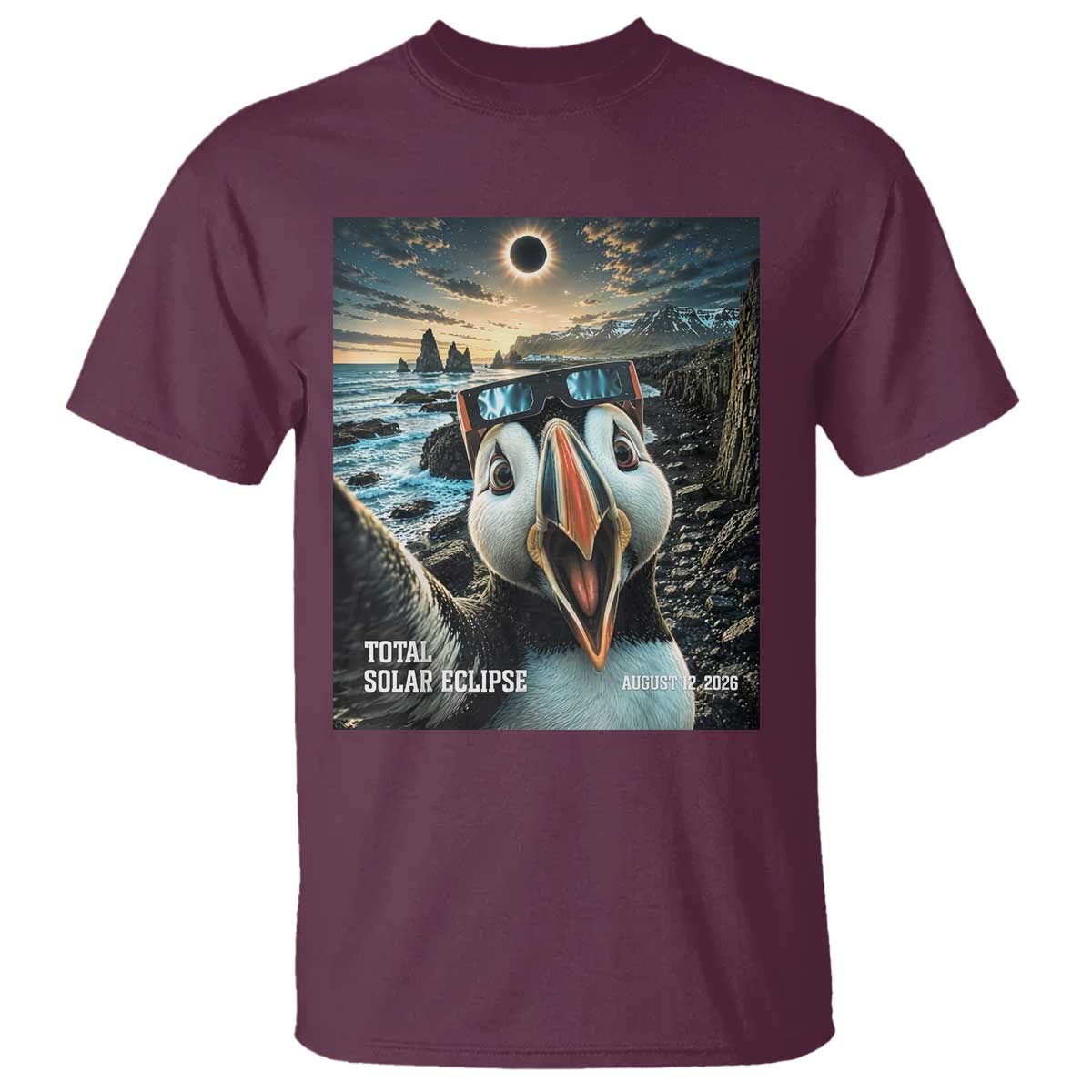 Puffin Selfie August 12 2026 Total Solar Eclipse T Shirt Funny Totality Photographic Astronomy Souvenir TS02 Maroon Print Your Wear