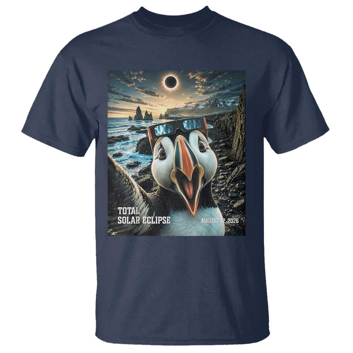 Puffin Selfie August 12 2026 Total Solar Eclipse T Shirt Funny Totality Photographic Astronomy Souvenir TS02 Navy Print Your Wear