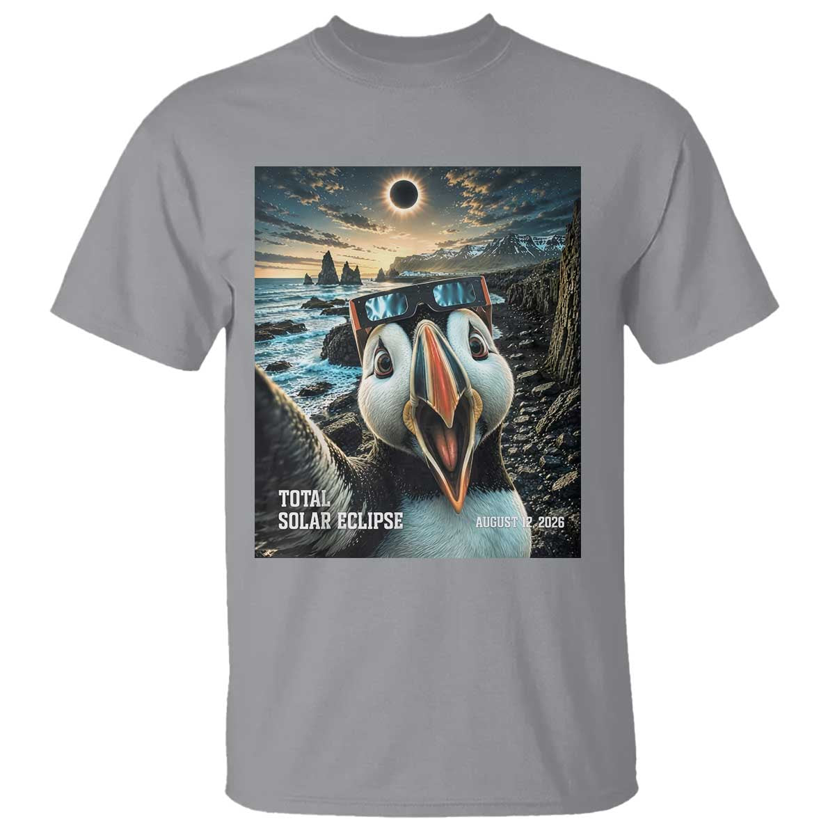 Puffin Selfie August 12 2026 Total Solar Eclipse T Shirt Funny Totality Photographic Astronomy Souvenir TS02 Sport Gray Print Your Wear