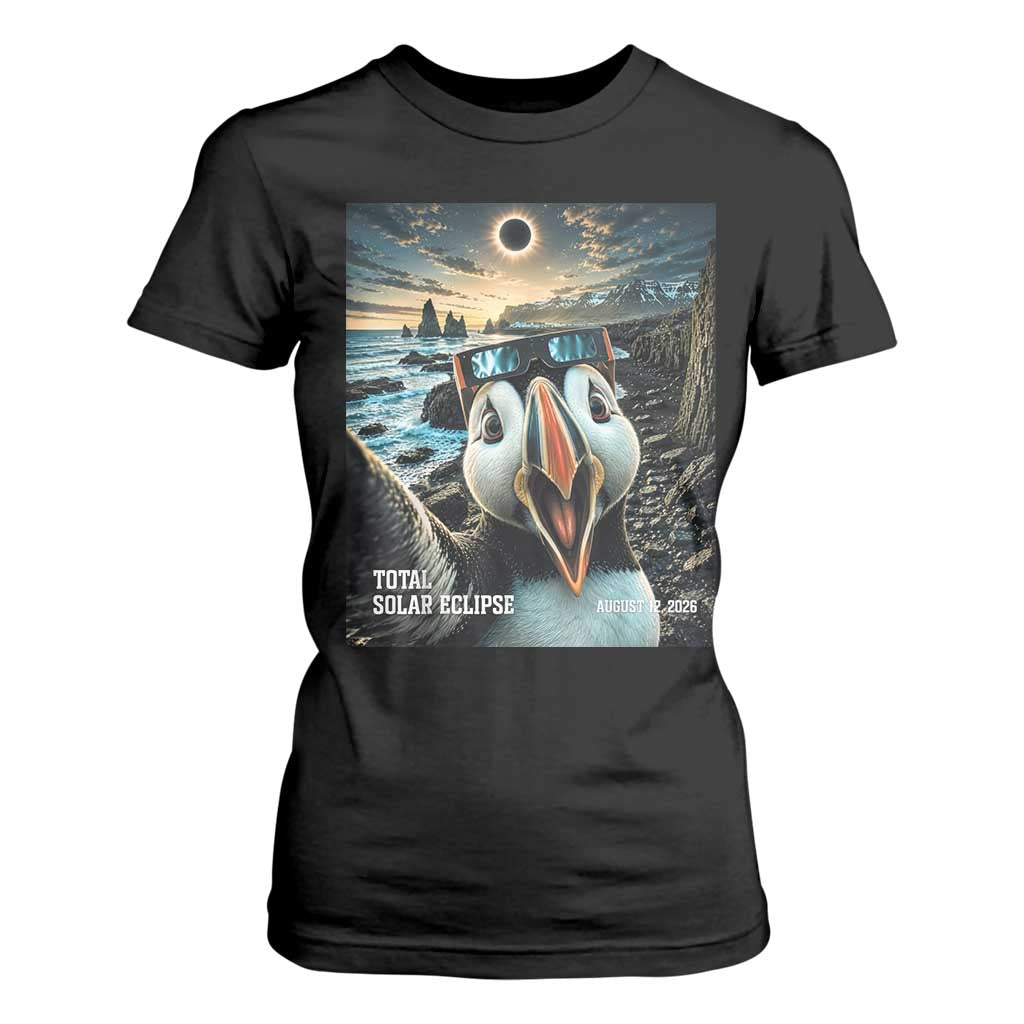 Puffin Selfie August 12 2026 Total Solar Eclipse T Shirt For Women Funny Totality Photographic Astronomy Souvenir TS02 Black Print Your Wear