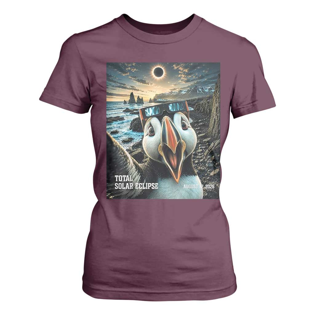 Puffin Selfie August 12 2026 Total Solar Eclipse T Shirt For Women Funny Totality Photographic Astronomy Souvenir TS02 Maroon Print Your Wear