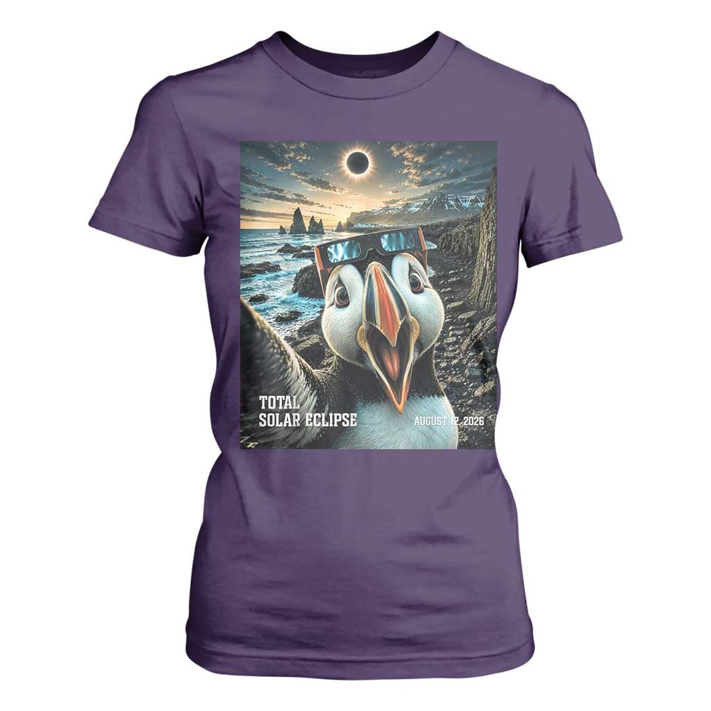 Puffin Selfie August 12 2026 Total Solar Eclipse T Shirt For Women Funny Totality Photographic Astronomy Souvenir TS02 Purple Print Your Wear
