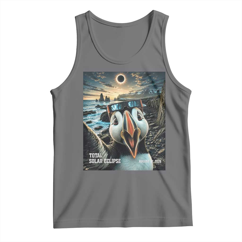 Puffin Selfie August 12 2026 Total Solar Eclipse Tank Top Funny Totality Photographic Astronomy Souvenir TS02 Black Heather Print Your Wear