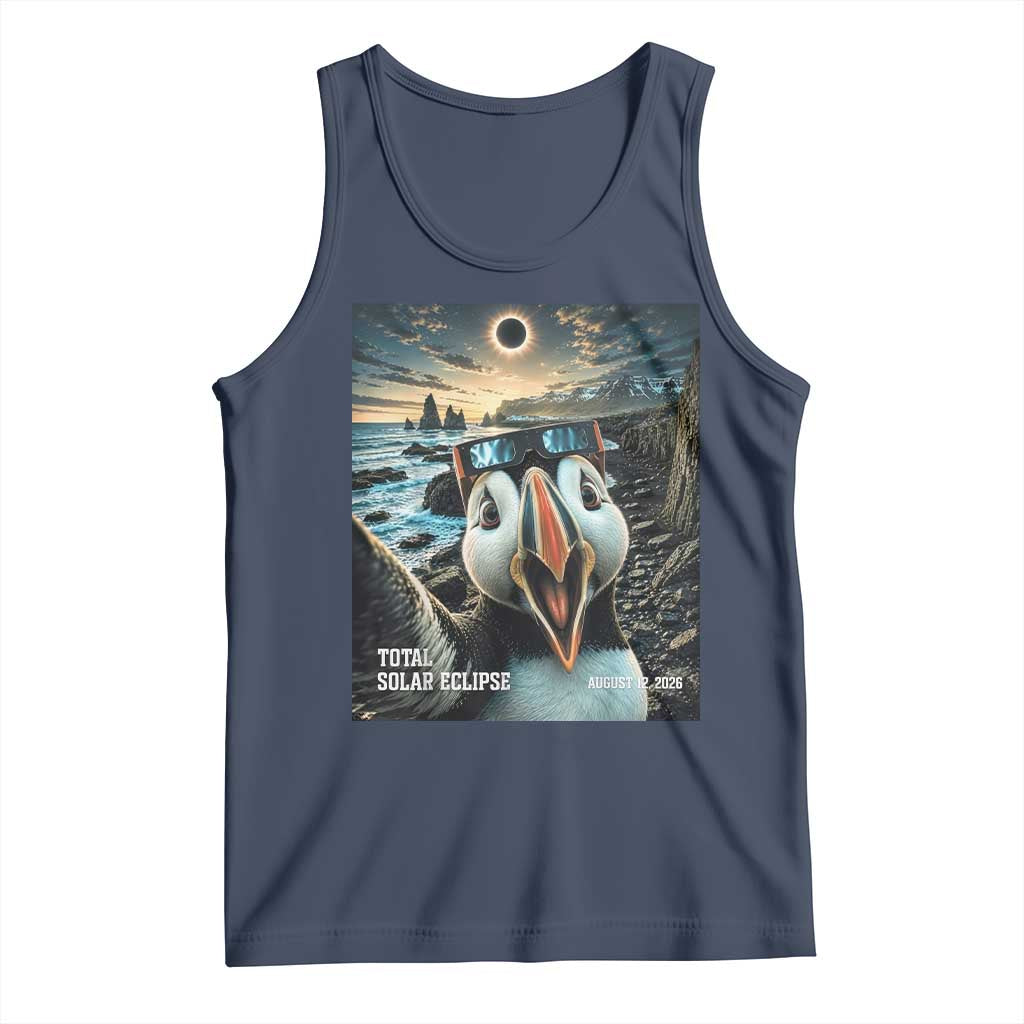 Puffin Selfie August 12 2026 Total Solar Eclipse Tank Top Funny Totality Photographic Astronomy Souvenir TS02 Navy Print Your Wear
