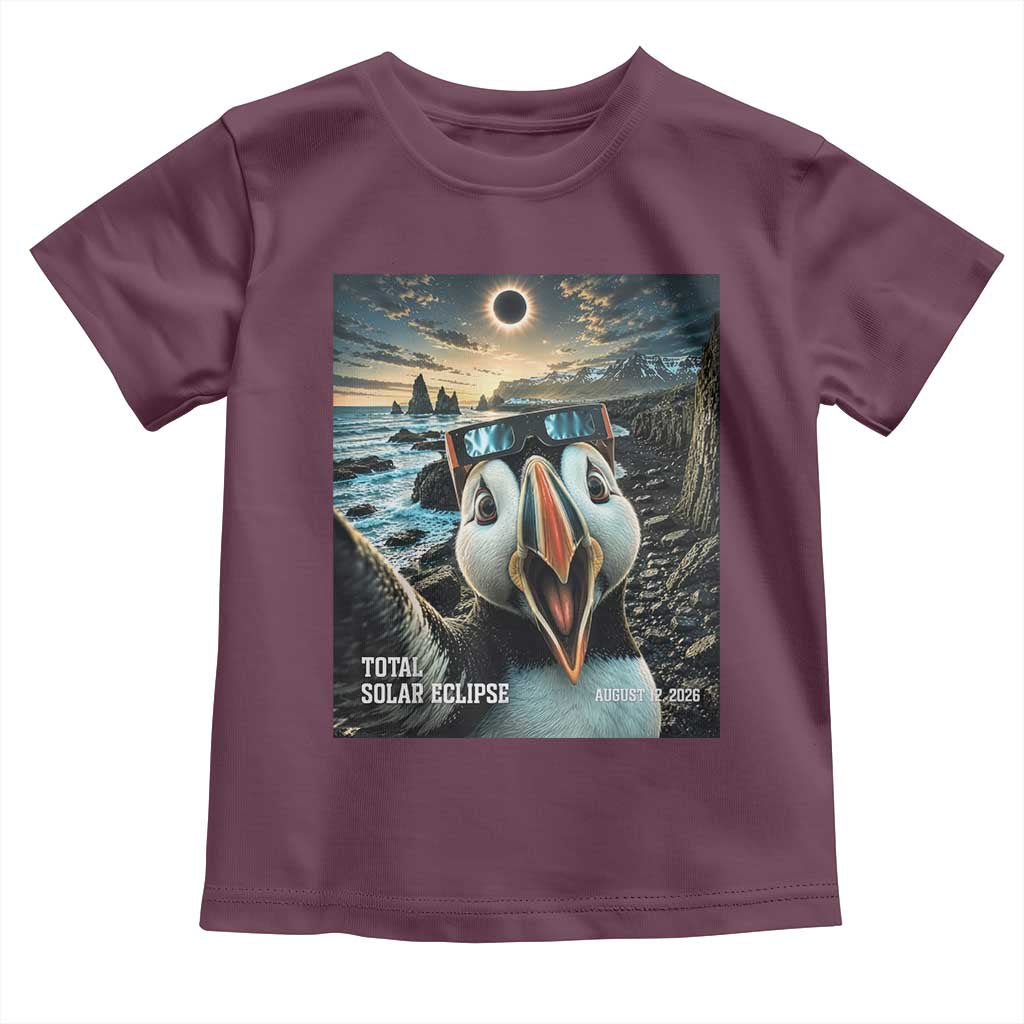 Puffin Selfie August 12 2026 Total Solar Eclipse Toddler T Shirt Funny Totality Photographic Astronomy Souvenir TS02 Maroon Print Your Wear