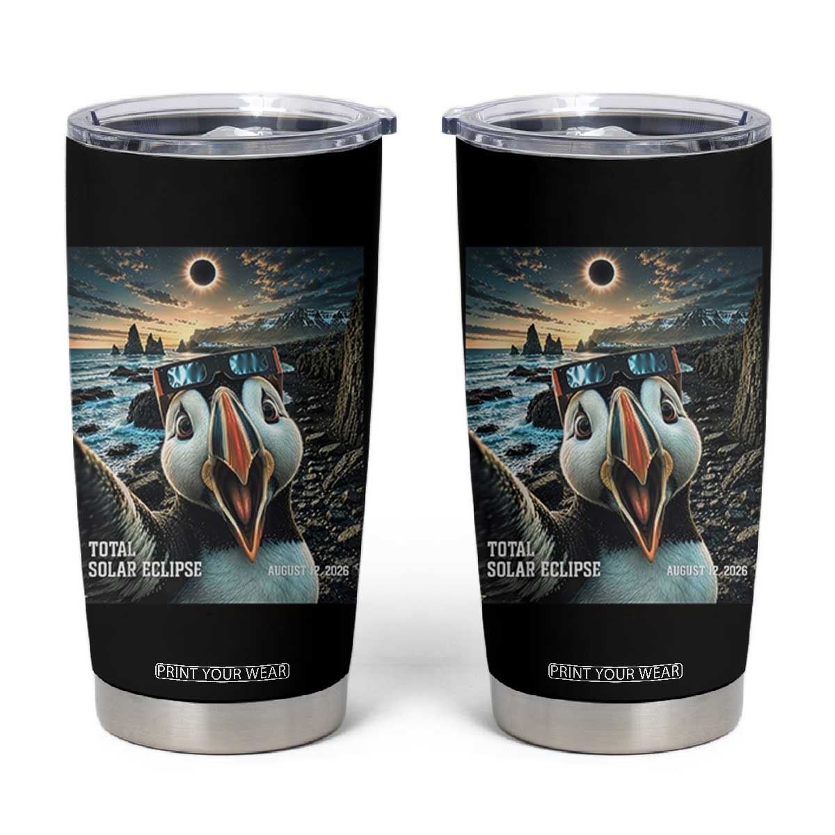 Puffin Selfie August 12 2026 Total Solar Eclipse Tumbler Cup Funny Totality Photographic Astronomy Souvenir TS02 Black Print Your Wear