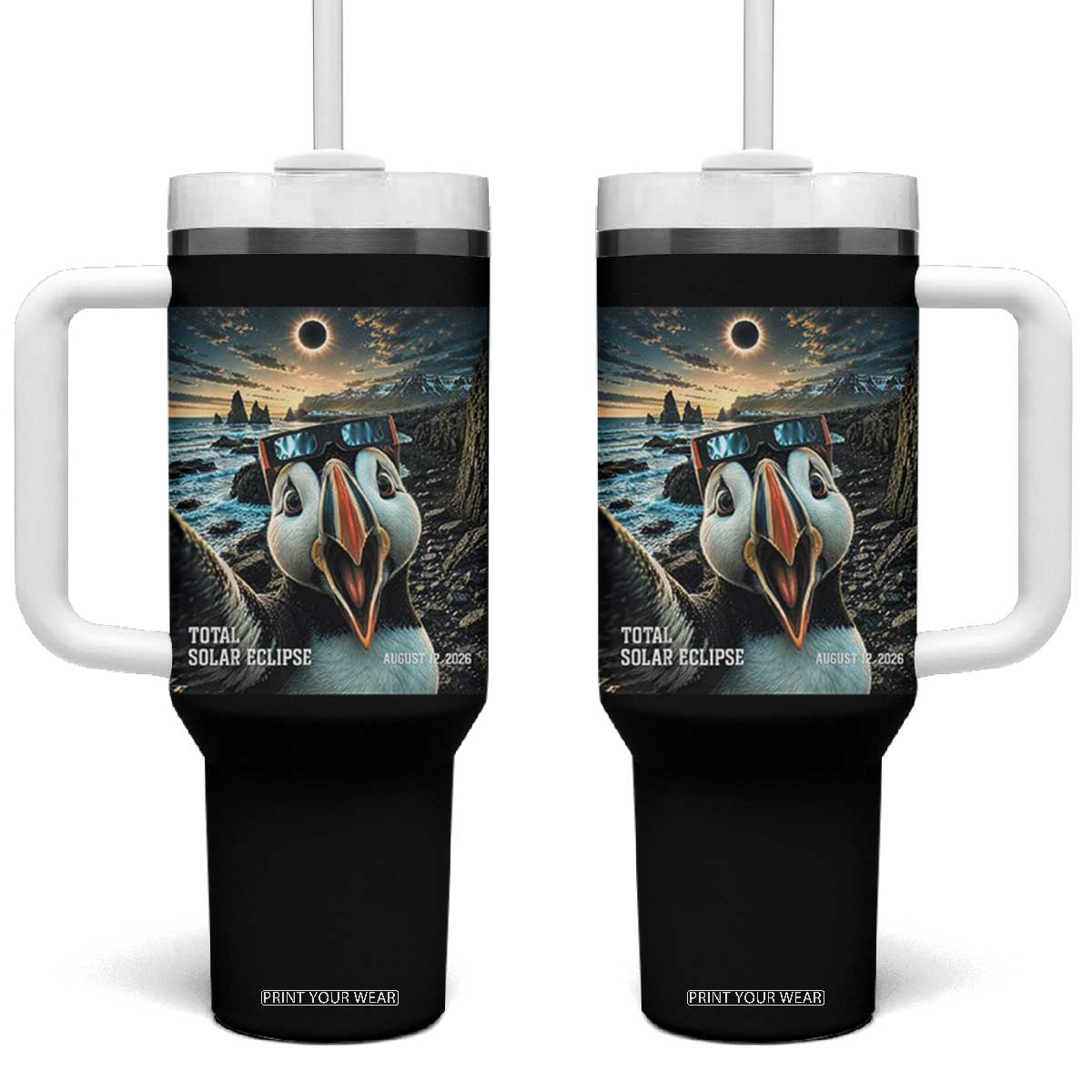 Puffin Selfie August 12 2026 Total Solar Eclipse Tumbler With Handle Funny Totality Photographic Astronomy Souvenir TS02 One Size: 40 oz Black Print Your Wear