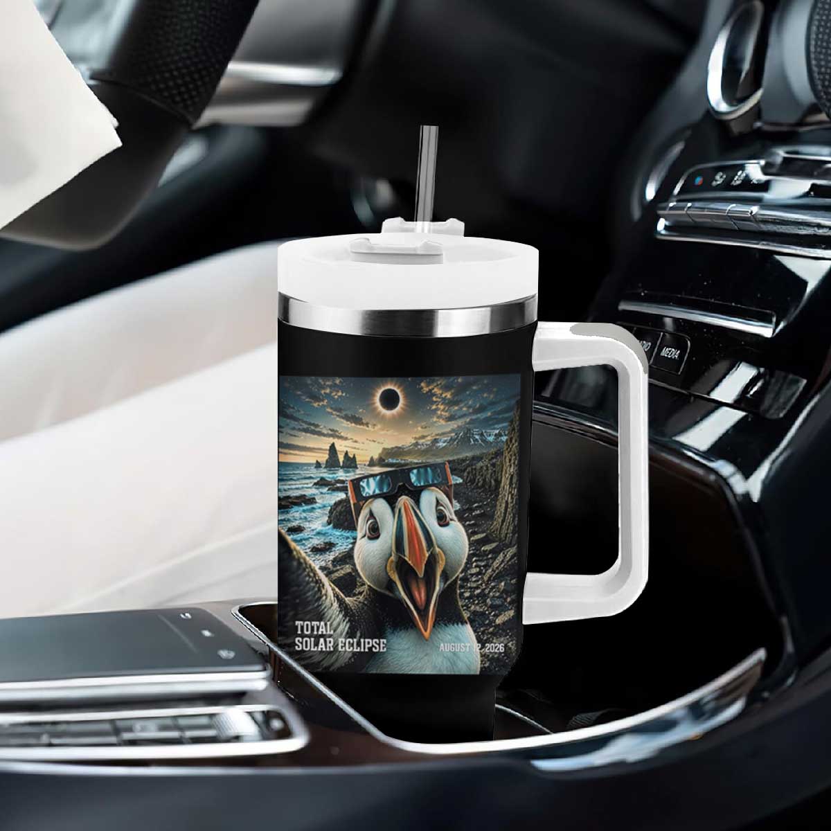 Puffin Selfie August 12 2026 Total Solar Eclipse Tumbler With Handle Funny Totality Photographic Astronomy Souvenir TS02 Print Your Wear