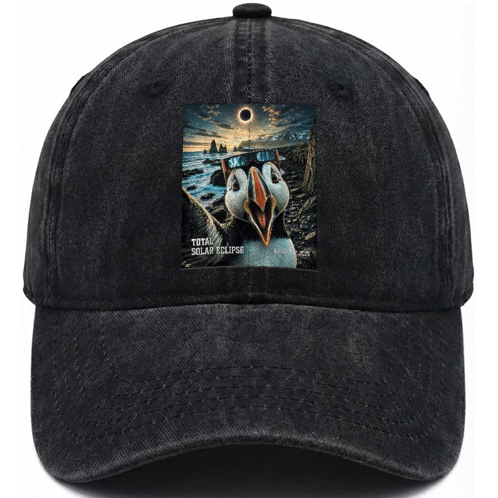 Puffin Selfie August 12 2026 Total Solar Eclipse Washed Cotton Baseball Cap Funny Totality Photographic Astronomy Souvenir TS02 Print Your Wear