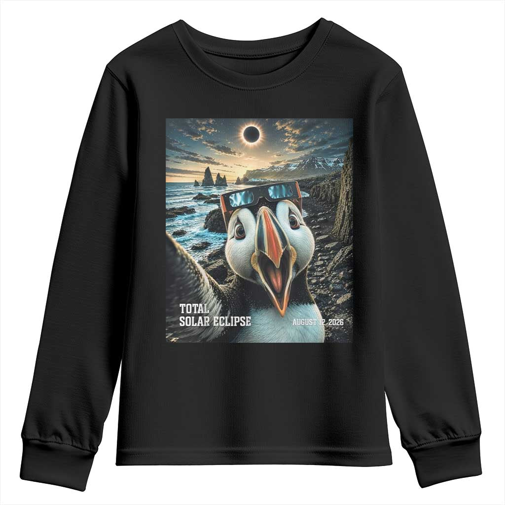 Puffin Selfie August 12 2026 Total Solar Eclipse Youth Sweatshirt Funny Totality Photographic Astronomy Souvenir TS02 Black Print Your Wear
