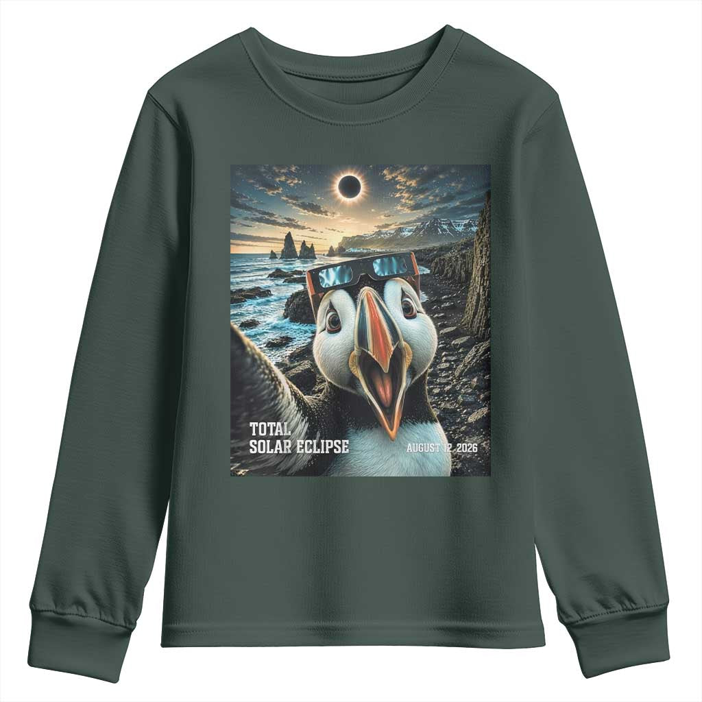 Puffin Selfie August 12 2026 Total Solar Eclipse Youth Sweatshirt Funny Totality Photographic Astronomy Souvenir TS02 Dark Forest Green Print Your Wear