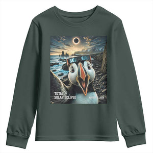 Puffin Selfie August 12 2026 Total Solar Eclipse Youth Sweatshirt Funny Totality Photographic Astronomy Souvenir TS02 Dark Forest Green Print Your Wear