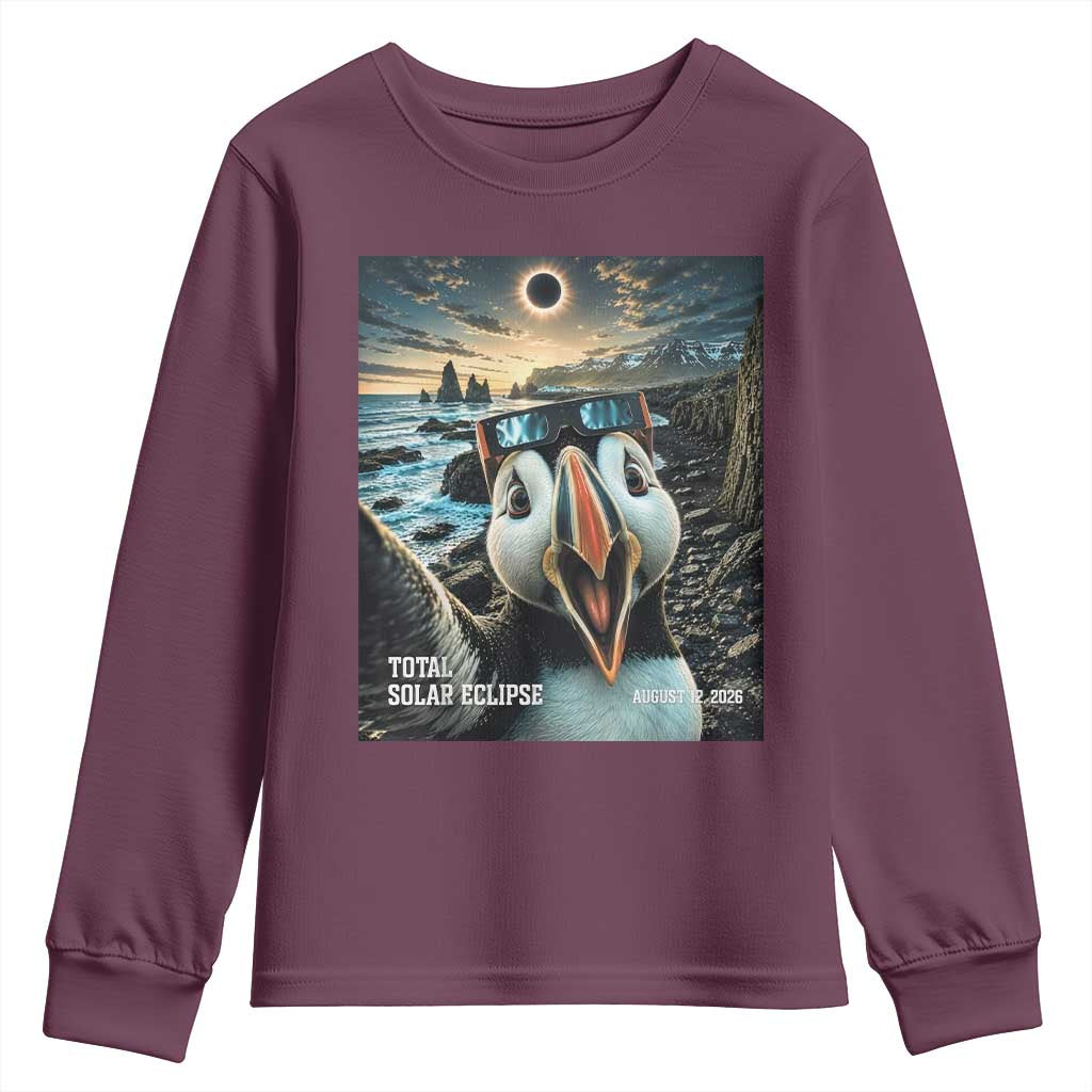 Puffin Selfie August 12 2026 Total Solar Eclipse Youth Sweatshirt Funny Totality Photographic Astronomy Souvenir TS02 Maroon Print Your Wear