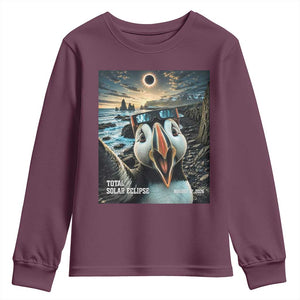 Puffin Selfie August 12 2026 Total Solar Eclipse Youth Sweatshirt Funny Totality Photographic Astronomy Souvenir TS02 Maroon Print Your Wear