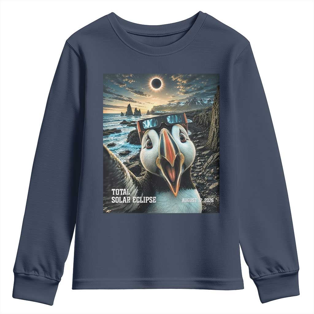 Puffin Selfie August 12 2026 Total Solar Eclipse Youth Sweatshirt Funny Totality Photographic Astronomy Souvenir TS02 Navy Print Your Wear