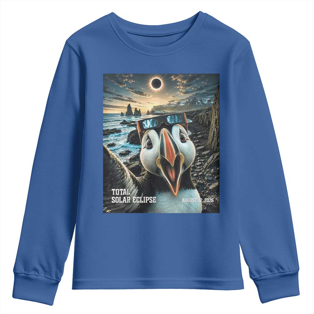 Puffin Selfie August 12 2026 Total Solar Eclipse Youth Sweatshirt Funny Totality Photographic Astronomy Souvenir TS02 Royal Blue Print Your Wear