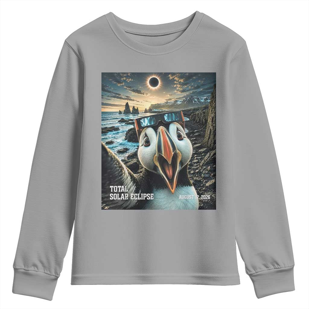 Puffin Selfie August 12 2026 Total Solar Eclipse Youth Sweatshirt Funny Totality Photographic Astronomy Souvenir TS02 Sport Gray Print Your Wear