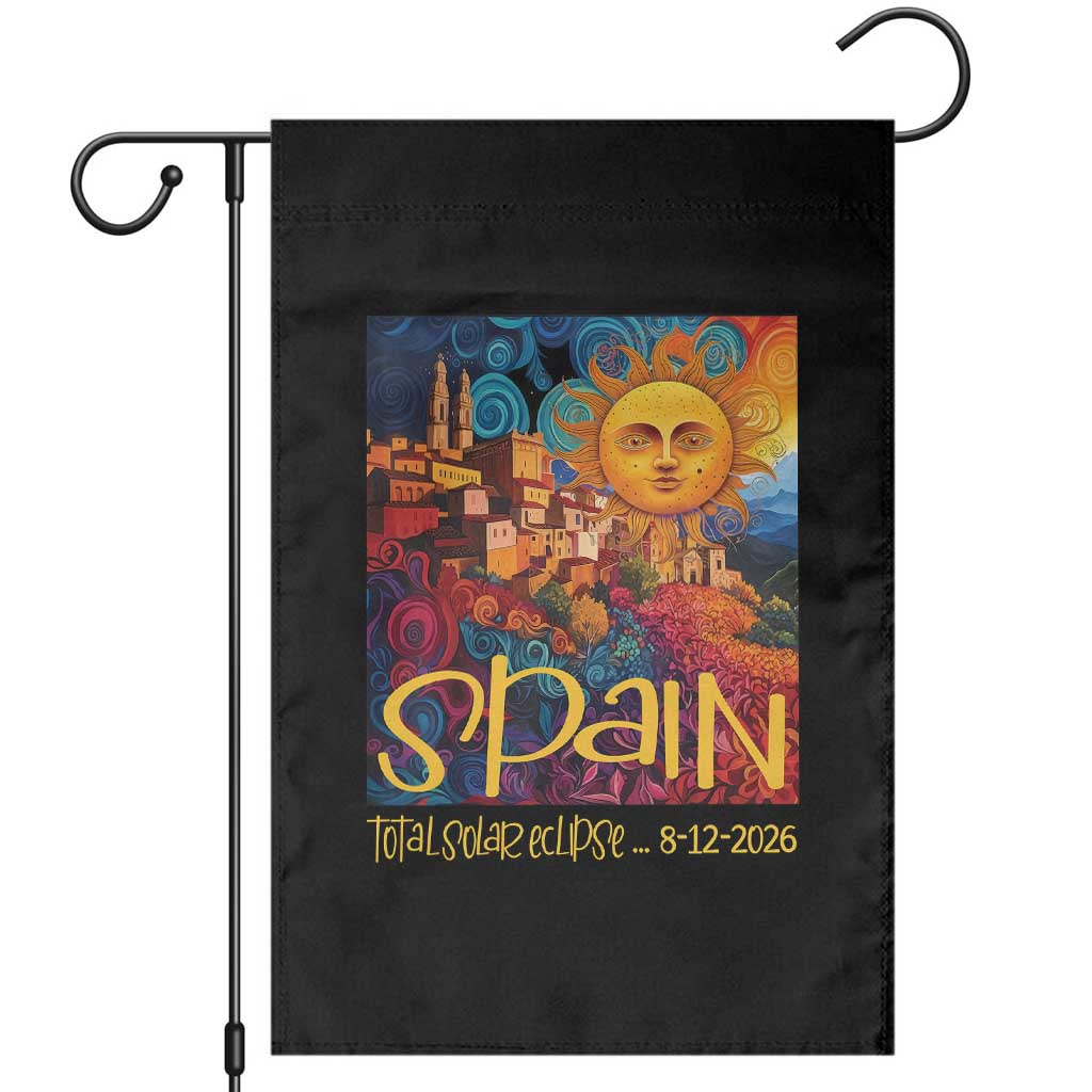 Spain 2026 Total Solar Eclipse Sun Face Graphic Garden Flag Espana Totality Travel Memorabilia Astronomy Geek Gift TS02 Black Print Your Wear