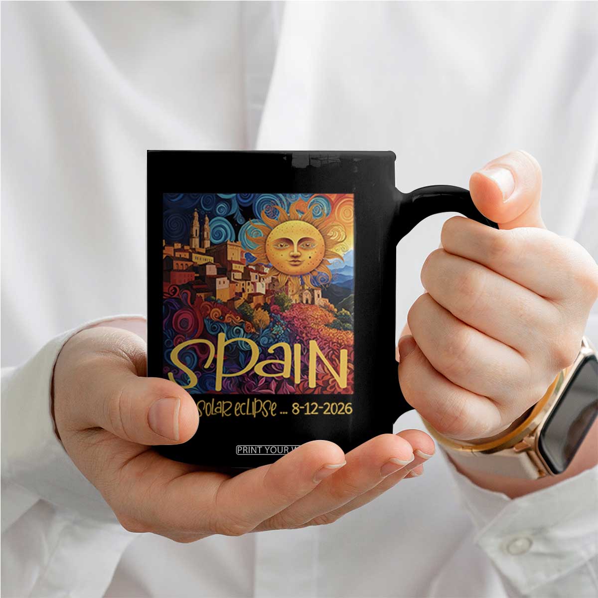 Spain 2026 Total Solar Eclipse Sun Face Graphic Coffee Mug Espana Totality Travel Memorabilia Astronomy Geek Gift TS02 Print Your Wear