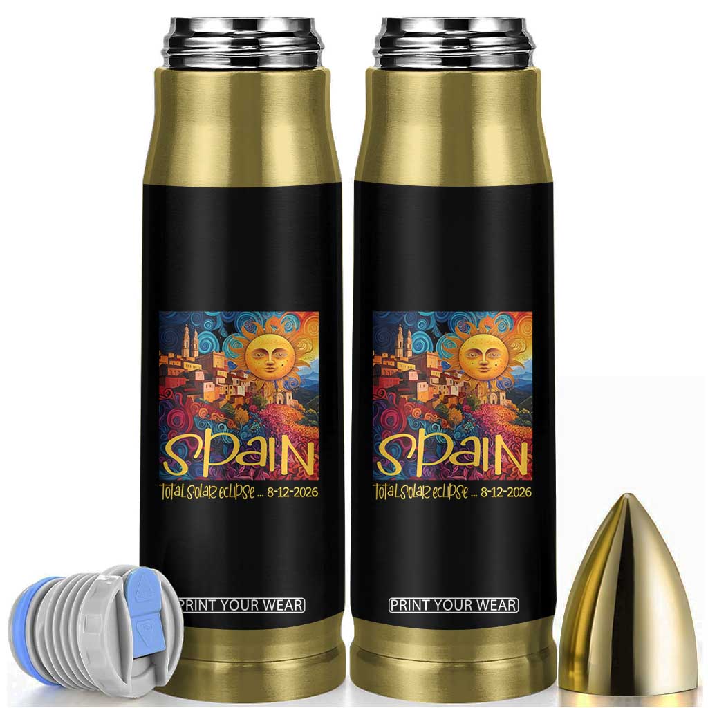 Spain 2026 Total Solar Eclipse Sun Face Graphic Bullet Tumbler Espana Totality Travel Memorabilia Astronomy Geek Gift TS02 Black Print Your Wear