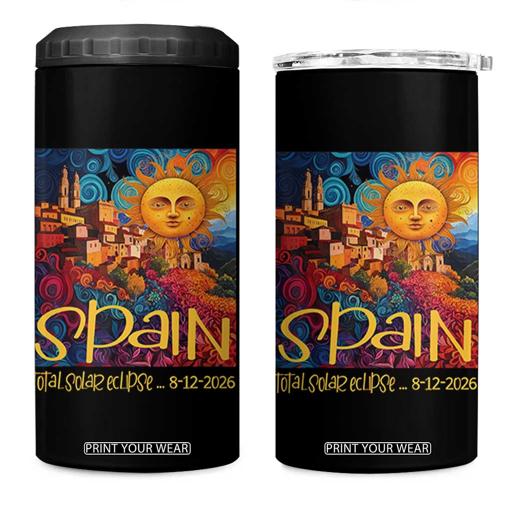 Spain 2026 Total Solar Eclipse Sun Face Graphic 4 in 1 Can Cooler Tumbler Espana Totality Travel Memorabilia Astronomy Geek Gift TS02 One Size: 16 oz Black Print Your Wear
