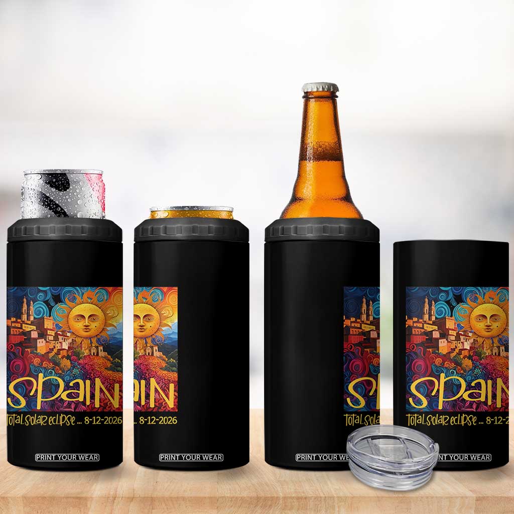 Spain 2026 Total Solar Eclipse Sun Face Graphic 4 in 1 Can Cooler Tumbler Espana Totality Travel Memorabilia Astronomy Geek Gift TS02 Print Your Wear