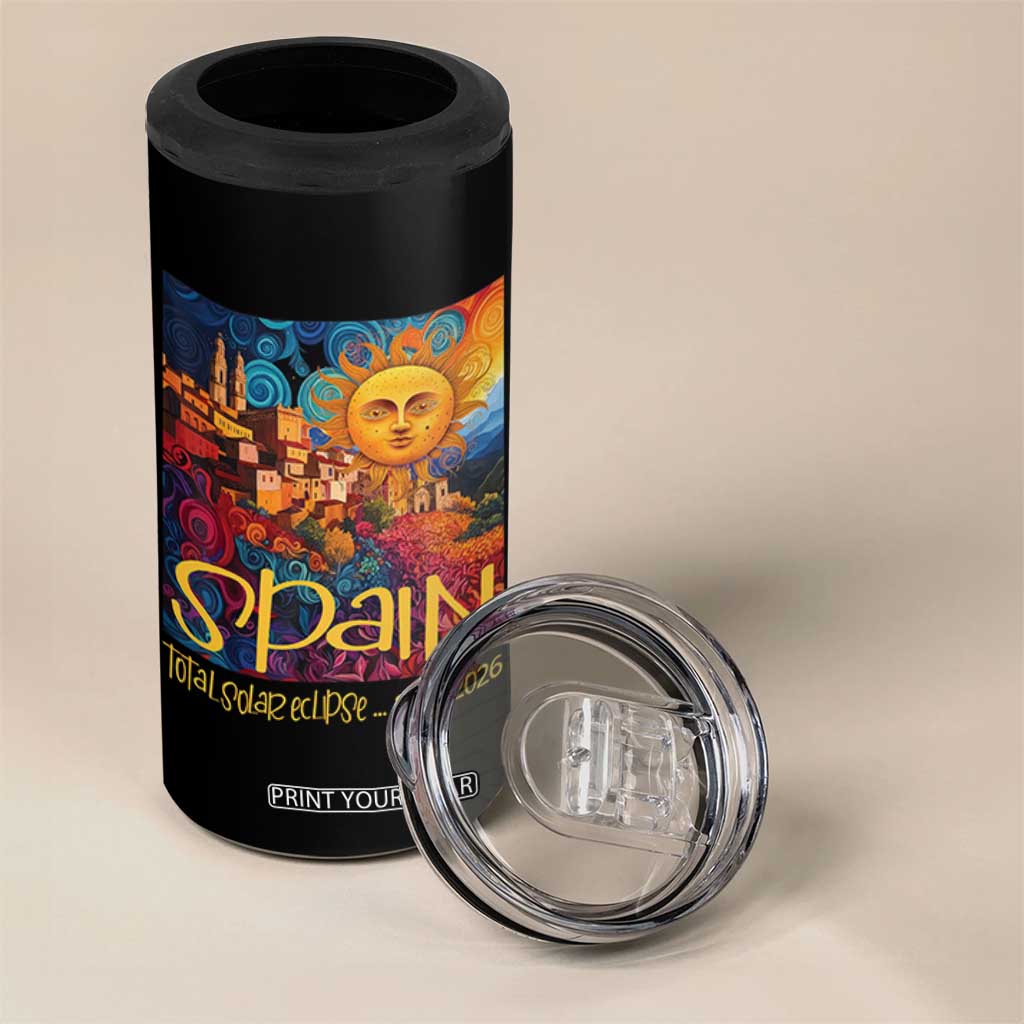 Spain 2026 Total Solar Eclipse Sun Face Graphic 4 in 1 Can Cooler Tumbler Espana Totality Travel Memorabilia Astronomy Geek Gift TS02 Print Your Wear