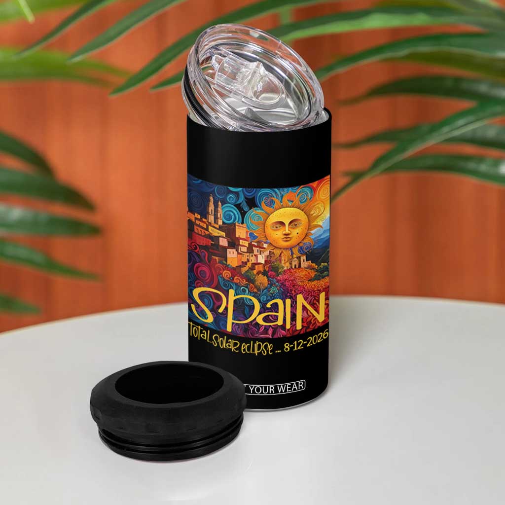 Spain 2026 Total Solar Eclipse Sun Face Graphic 4 in 1 Can Cooler Tumbler Espana Totality Travel Memorabilia Astronomy Geek Gift TS02 Print Your Wear