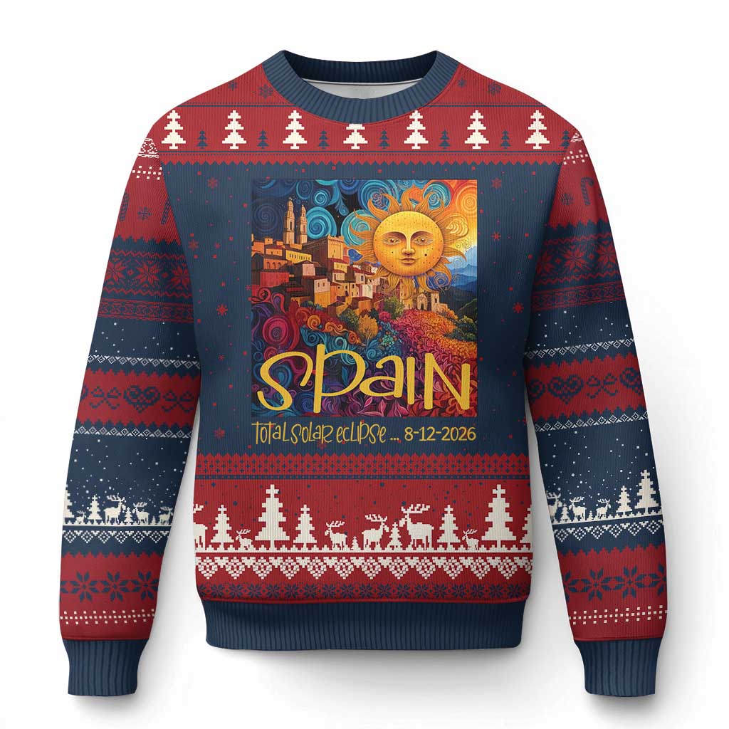 Spain 2026 Total Solar Eclipse Sun Face Graphic Ugly Christmas Sweater Espana Totality Travel Memorabilia Astronomy Geek Gift TS02 Navy Red Print Your Wear