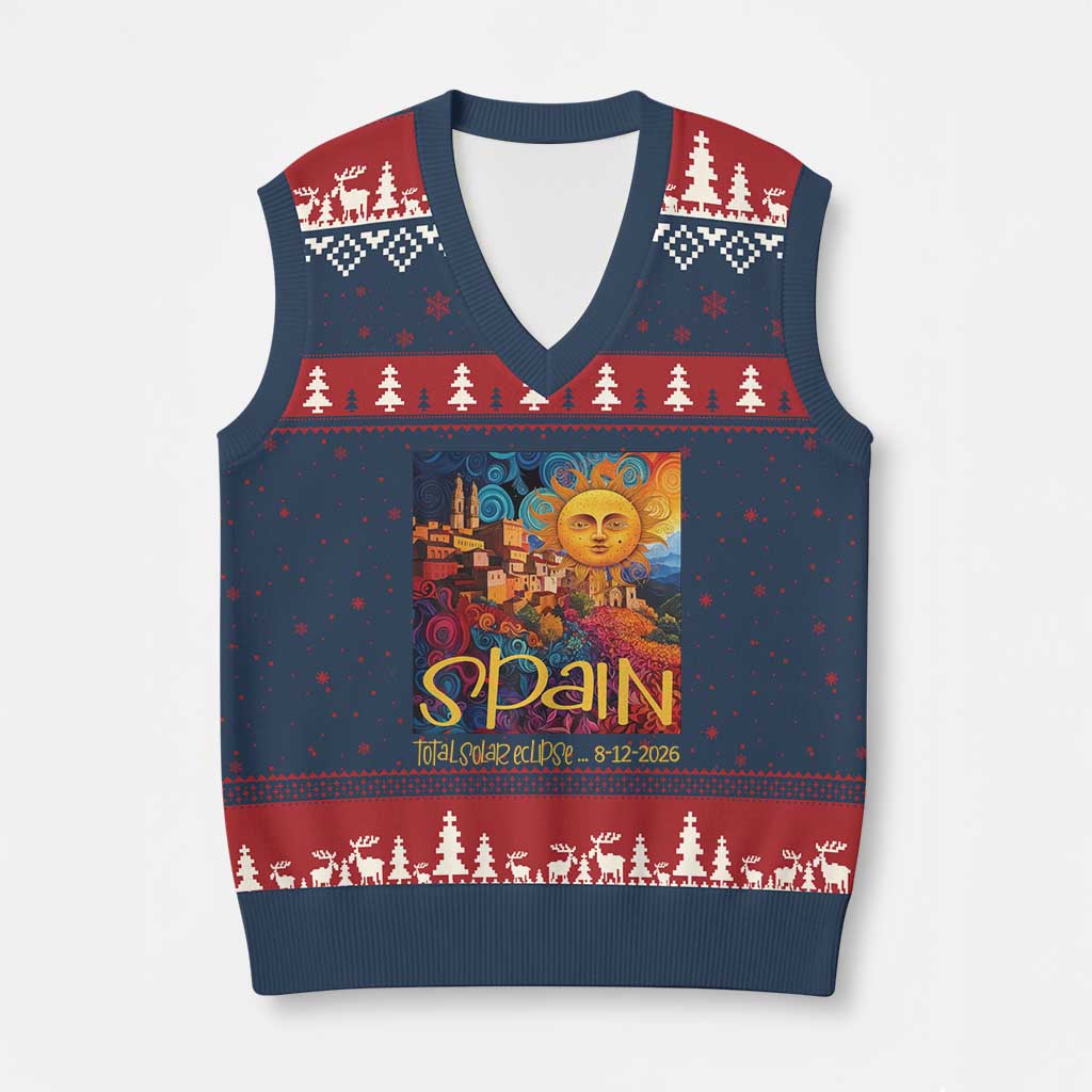 Spain 2026 Total Solar Eclipse Sun Face Graphic V-Neck Knit Sweater Vest Espana Totality Travel Memorabilia Astronomy Geek Gift TS02 Navy Red Print Your Wear