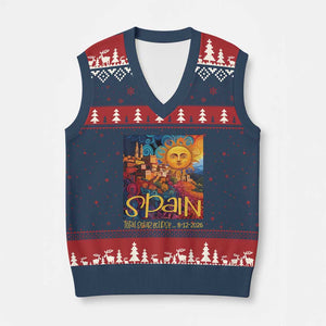Spain 2026 Total Solar Eclipse Sun Face Graphic V-Neck Knit Sweater Vest Espana Totality Travel Memorabilia Astronomy Geek Gift TS02 Navy Red Print Your Wear