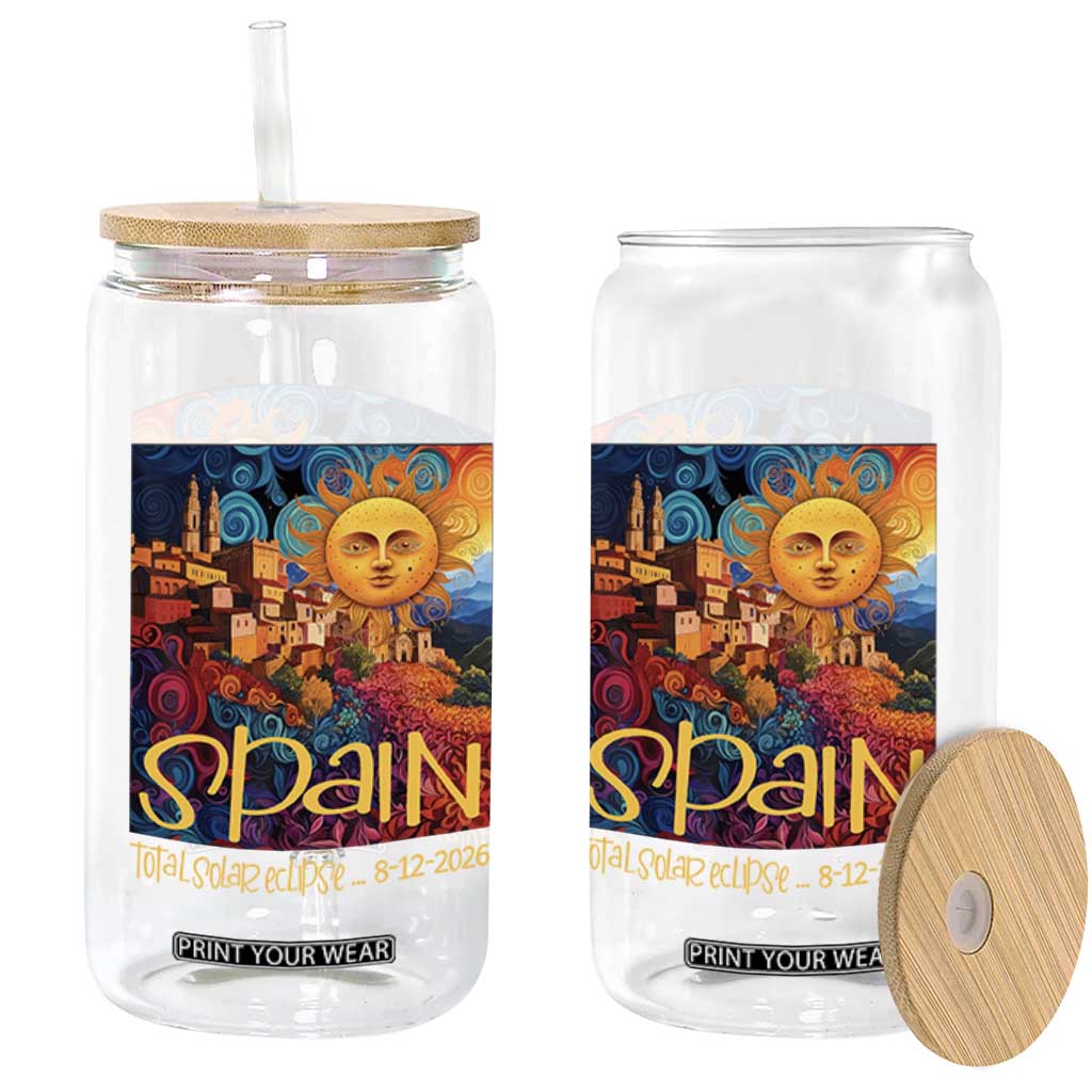Spain 2026 Total Solar Eclipse Sun Face Graphic Glass Can Espana Totality Travel Memorabilia Astronomy Geek Gift TS02 Print Your Wear